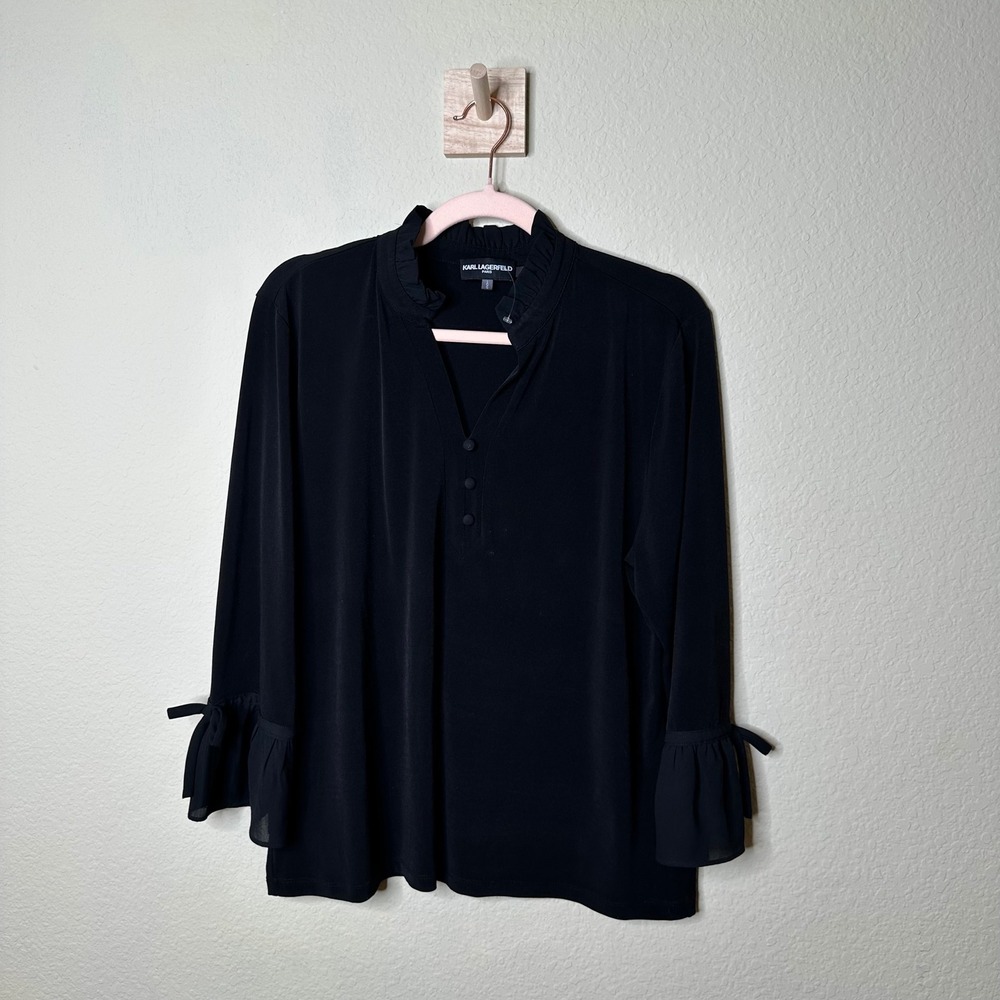 Karl Lagerfeld Paris Black Ruffle Collar Bell Sleeve Blouse Size L Chic Modern